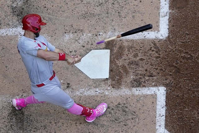 St. Louis Cardinals' Matt Carpenter breaks his bat as he fouls a pitch during the fourth inning of a baseball game against the Milwaukee Brewers Sunday, May 12, 2024, in Milwaukee. (Photo by Morry Gash/AP Photo)