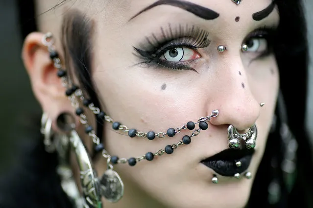 Judith from Frankfurt attends the “Wave-Gotik-Treffen” (WGT, Wave Gothic Meeting) in Leipzig, Germany, 13 May 2016. The music and arts festival celebrates its 25th anniversary this year. Until Monday, the organisers expected roughly 20,000 visitors from Germany and other countries. (Photo by Jan Woitas/EPA)