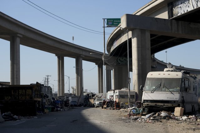 A homeless encampment is seen Thursday, July 25, 2024, in Oakland, Calif. California Gov. Gavin Newsom issued an executive order Thursday, July 25, to direct state agencies on how to remove homeless encampments, a month after a Supreme Court ruling allowing cities to enforce bans on sleeping outside in public spaces. (Photo by Godofredo A. Vásquez/AP Photo)