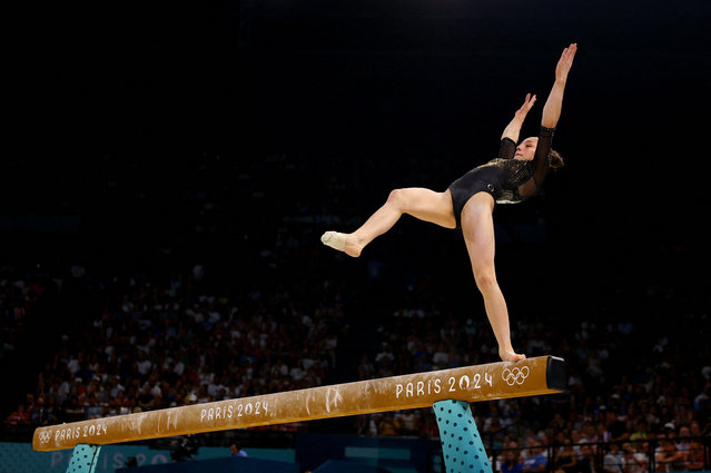 Kaylia Nemour of Algeria in action on the balance beam during the women's artistic gymnastics all-around final on August 1, 2024. (Photo by Hannah Mckay/Reuters)