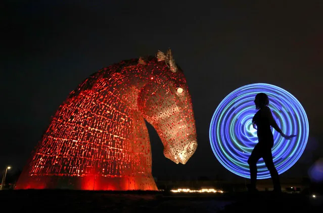 LED Hooper Daiquiri Dusk performs Wednesday December 18, 2019 at a preview for Fire & Light: 2020 Visions held at The Helix, home of The Kelpies on January 1st & 2nd in Falkirk, UK. Fire & Light: 2020 Visions encourages visitors to embrace the adventure of a New Year with a walk through The Helix park towards the magical Kelpies, interacting with an amazing array of performances and installations along the way. (Photo by Andrew Milligan/PA Images via Getty Images)