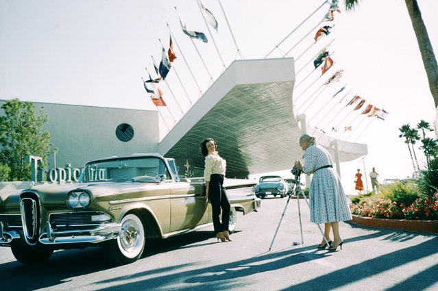 Actress and model Kitty Dolan poses for a portrait next to a 1958 Ford Edsel Citation outside The Tropicana Hotel circa 1958 in Las Vegas, Nevada. (Photo by Hy Peskin/Getty Images)