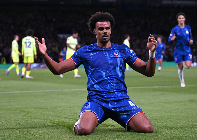 Renato Veiga of Chelsea celebrates scoring his team's first goal during the UEFA Conference League 2024/25 League Phase MD1 match between Chelsea FC and KAA Gent at Stamford Bridge on October 03, 2024 in London, England. (Photo by Darren Walsh/Chelsea FC via Getty Images)