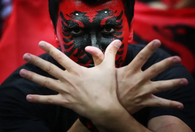 Albanian fans enjoy the atmosphere during the UEFA EURO 2016 Group A match between Romania and Albania at Stade des Lumieres on June 19, 2016 in Lyon, France. (Photo by Ian MacNicol/Getty Images)