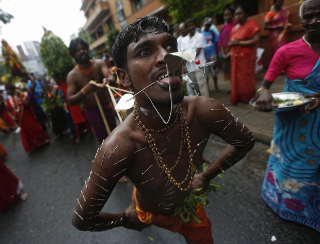 A devotee takes part during in the annual Chariot festival of the Sri Mayurapathy Paththirakaali temple in Colombo August 2, 2014. The chariot procession starts at the temple and is brought through streets as Hindu devotees follow behind, performing acts of penance or thanksgiving such as piercing hooks through their skin, in order to fulfill their vows to the Hindu gods. (Photo by Dinuka Liyanawatte/Reuters)
