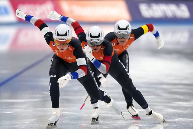 Gold medalists Team Netherlands competes in the Team Sprint Women race of the ISU World Cup Speed Skating Beijing 2024 held at the National Speed Skating Oval in Beijing, Sunday, December 1, 2024. (Photo by Ng Han Guan/AP Photo)