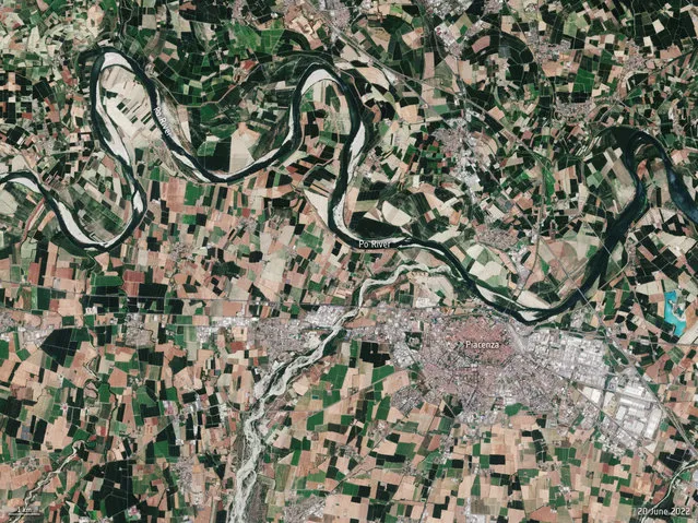 A Copernicus Sentinel-2 satellite image shows Po River water levels in northern Italy on June 20, 2022. The image is part of a three-part time series of the Po Valley showing the shrinking of the river between 2020 and  2022, when water levels hit a record low. (Photo by European Space Agency/Handout via Reuters)