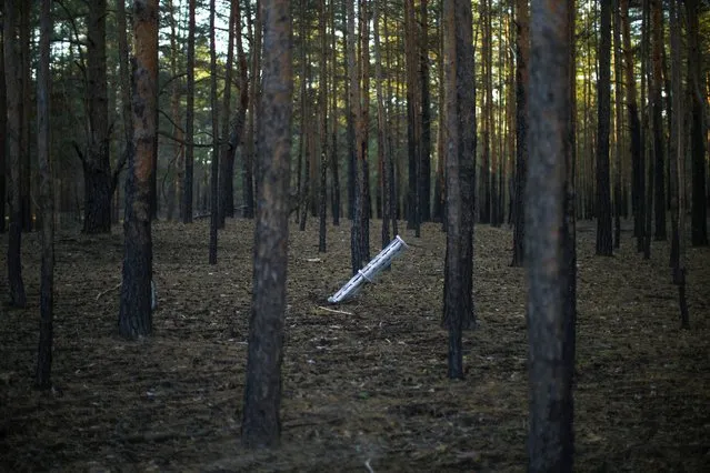 A Russian rocket sticks out of the ground in a forest near Oleksandrivka village, Ukraine, Thursday, October 6, 2022. (Photo by Francisco Seco/AP Photo)