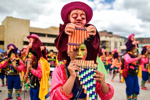 Revellers take part in the “Canto a la Tierra” parade on January 3, 2017, during the Carnival of Blacks and Whites in Pasto, Colombia, the largest festivity in the south- western region of the country. (Photo by Luis Robayo/AFP Photo)