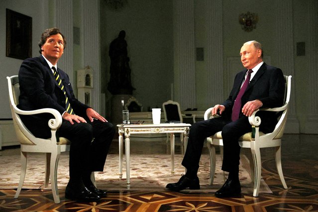 Russian President Vladimir Putin takes part an interview with U.S. television host Tucker Carlson in Moscow, Russia on February 6, 2024. (Photo by Gavriil Grigorov/Sputnik/Kremlin via Reuters)