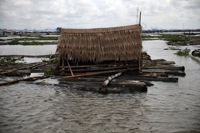 A thatched house, built as a shelter for labourers, stands on a raft near Okobaba sawmill at the edge of the Lagos Lagoon June 24, 2014. (Photo by Akintunde Akinleye/Reuters)