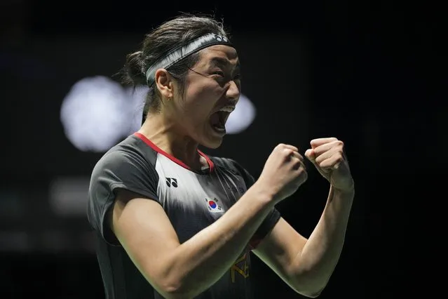 South Korea's An Se-young celebrates after beat China's Chen Yufei during their women's singles semi-final match at the Malaysia Open badminton tournament at Bukit Jalil Axiata Arena in Kuala Lumpur, Malaysia, Saturday, January 14, 2023. (Photo by Vincent Thian/AP Photo)