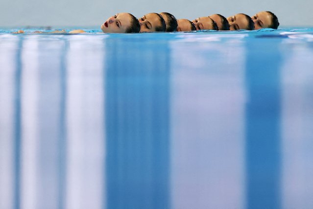 Team Neutral Athletes performs during the artistic swimming team free final during the Singapore 2025 World Aquatics Championships at World Aquatics Championships Arena on July 20, 2025 in Singapore. (Photo by Hollie Adams/Reuters)