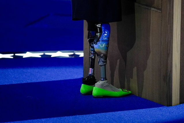 Sen. Tammy Duckworth, D-Ill., speaks during the Democratic National Convention Tuesday, August 20, 2024, in Chicago. (Photo by Matt Rourke/AP Photo)
