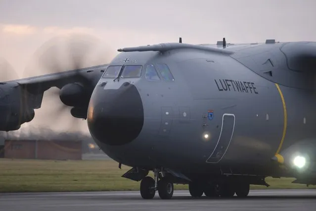A German airforce Airbus A400M military aircraft taxis along the runway at German army Bundeswehr airbase in Jagel, northern Germany December 10, 2015. (Photo by Fabian Bimmer/Reuters)