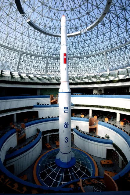 A model of the Unha 3 space launch vehicle is displayed at the Sci-Tech Complex in Pyongyang, North Korea Wednesday, February 3, 2016. North Korea on Tuesday informed international organizations of its plans to launch an Earth observation satellite on a rocket between Feb. 8 and 25. (Photo by Kim Kwang Hyon/AP Photo)