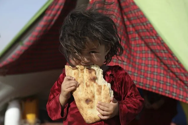 An internally displaced Afghan girl whose family fled their home due to fighting between the Taliban and Afghan security personnel, eats bread as she stand in front of her makeshift tent at a camp on the outskirts of Mazar-e-Sharif, northern Afghanistan, Thursday, July 8, 2021. (Photo by Rahmat Gul/AP Photo)
