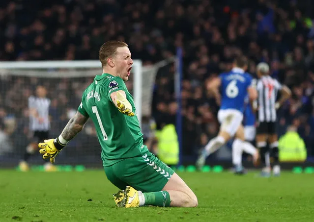 Jordan Pickford of Everton celebrates after teammate Abdoulaye Doucoure (not pictured) scores his team's second goal during the Premier League match between Everton FC and Newcastle United at Goodison Park on December 07, 2023 in Liverpool, England. (Photo by Carl Recine/Reuters)