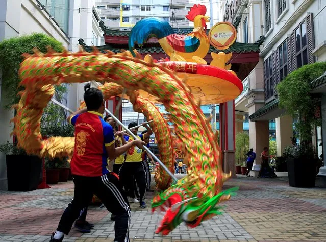 Students perform a traditional dragon dance under a giant rooster lantern display at the Lucky Chinatown mall ahead of the Lunar New Year celebrations in Binondo city, metro Manila, Philippines January 26, 2017. (Photo by Romeo Ranoco/Reuters)