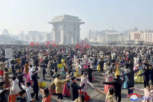 In this photo provided by the North Korean government, youth groups perform during a dancing event to celebrate the 76th founding anniversary of the country's army in North Korea, Thursday, February 8, 2024. Independent journalists were not given access to cover the event depicted in this image distributed by the North Korean government. The content of this image is as provided and cannot be independently verified. Korean language watermark on image as provided by source reads: “KCNA” which is the abbreviation for Korean Central News Agency. (Photo by Korean Central News Agency/Korea News Service via AP Photo)