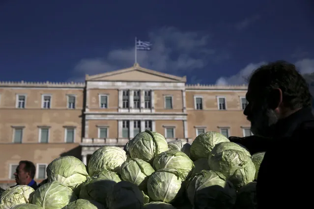 Greek farmers distribute cabbage for free in front of the parliament building during a demonstration to demand tax reductions and compensation, in Athens, Greece February 14, 2017. (Photo by Alkis Konstantinidis/Reuters)