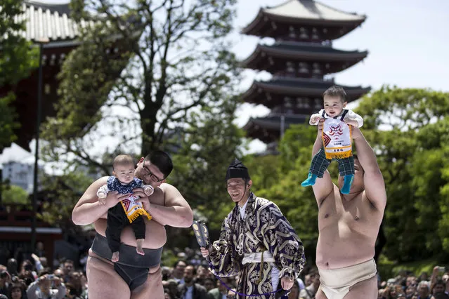 Babies are held by sumo wrestlers during the Nakizumo or Naki Sumo Baby Crying contest at Sensoji Temple on April 28, 2019 in Tokyo, Japan. 160 babies born in 2018 competed at the traditional festival that is believed to bring growth and good health to the infants. (Photo by Tomohiro Ohsumi/Getty Images)