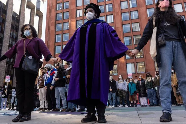 Pro Palestinian students and faculty of New York University, inspired by Columbia University, occupy a plaza on campus and declare it a Gaza solidarity encampment on April 22, 2024 in New York City. The protestors called for New York University to divest from Israel. (Photo by Andrew Lichtenstein/Corbis via Getty Images)