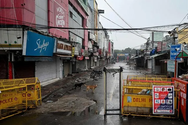 Police barricades are kept along a road leading to the shops at a closed market area amid the ongoing state-wide weekend curfew imposed by the directive of the Delhi government to curb the spread of the Covid-19 coronavirus in New Delhi on January 8, 2022. (Photo by Sajjad Hussain/AFP Photo)