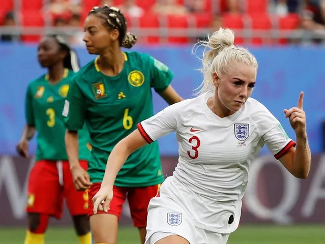 Alex Greenwood of England celebrates after scoring a goal to make it 3-0 during the 2019 FIFA Women's World Cup France Round Of 16 match between England and Cameroon at Stade du Hainaut on June 23, 2019 in Valenciennes, France. (Photo by Phil Noble/Reuters)