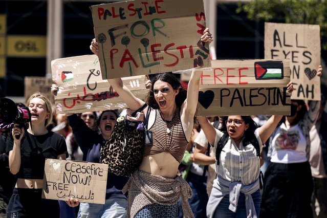 Pro-Palestinian Pasadena City College students walk out of class as they demonstrate against the Israel-Hamas war in Pasadena, Calif., on Tuesday, April 30, 2024. (Photo by Sarah Reingewirtz/The Orange County Register via AP Photo)
