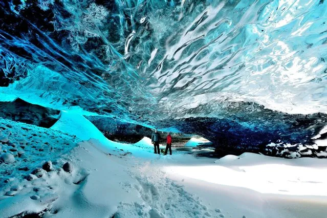 A British father-of-two ventured deep into a crystal ice cave in one of the world's biggest glaciers for a rare glimpse of its ancient sculptures. Photograher Mark Andreas Jones, 42, braved sub-zero temperatures and battled across tricky terrain to take a look at the cave's hidden treasures. (Photo by Mark Andreas Jones/Solent News)