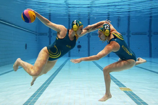 Holly Lincoln-Smith (L) and Nicola Zagame (R) pose during a Australian Women's Olympic Water Polo Team portrait session at Sydney Olympic Park Aquatic Centre on June 21, 2016 in Sydney, Australia. (Photo by Matt King/Getty Images)