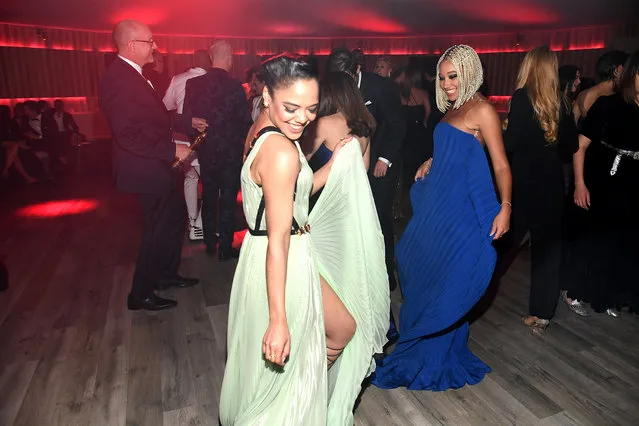 Tessa Thompson and Amandla Stenberg attend the 2020 Vanity Fair Oscar Party hosted by Radhika Jones at Wallis Annenberg Center for the Performing Arts on February 09, 2020 in Beverly Hills, California. (Photo by Kevin Mazur/VF20/WireImage)