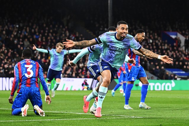 Gabriel Jesus of Arsenal celebrates scoring his team's first goal during the Premier League match between Crystal Palace FC and Arsenal FC at Selhurst Park on December 21, 2024 in London, England. (Photo by Stuart MacFarlane/Arsenal FC via Getty Images)