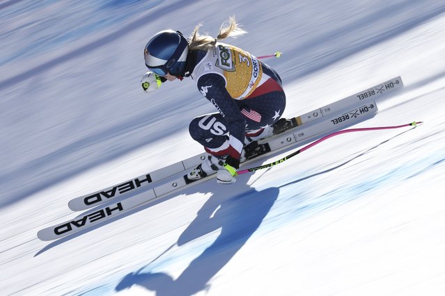 United States' Lindsey Vonn speeds down the course during an alpine ski, women's World Cup downhill training, in Cortina d'Ampezzo, Italy, Friday, January 17, 2025. (Photo by Marco Trovati/AP Photo)