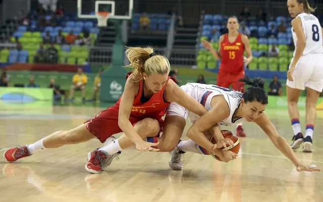 2016 Rio Olympics, Basketball, Preliminary, Women's Preliminary Round Group B Serbia vs Spain, Youth Arena, Rio de Janeiro, Brazil on August 7, 2016. Laura Gil (ESP) of Spain (L) and Dajana Butulija (SRB) of Serbia compete. (Photo by Shannon Stapleton/Reuters)