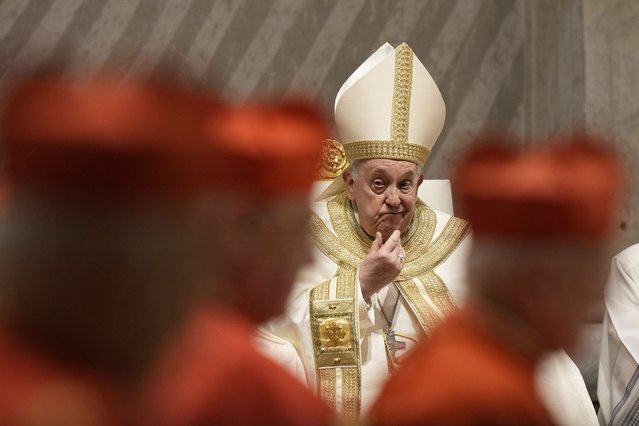 Pope Francis presides over the First Vespers and Te Deum, the rite of thanksgiving for the end of the year, in Saint Peter's Basilica at the Vatican, Sunday, December 31, 2023. (Photo by Andrew Medichini/AP Photo)