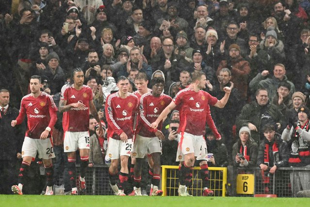 Manchester United's Dutch defender #04 Matthijs de Ligt (R) celebrates after scoring his team second goal during the English Premier League football match between Manchester United and Ipswich Town at Old Trafford in Manchester, north west England, on February 26, 2025. (Photo by Oli Scarff/AFP Photo)