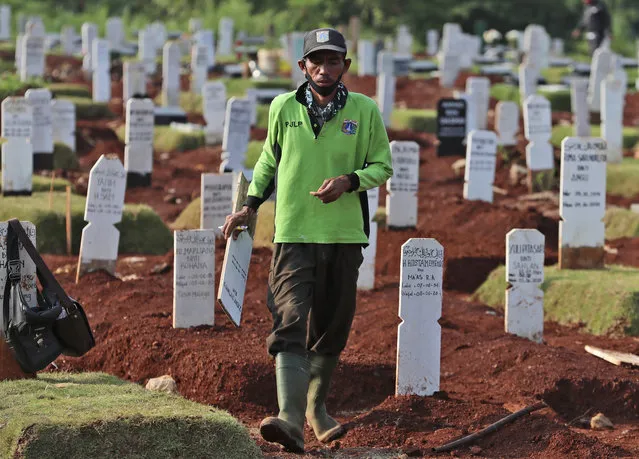A worker walks among graves at a special cemetery for people who presumably died of COVID-19 at a cemetery in Jakarta, Indonesia Friday, June 12, 2020. As Indonesia’s virus death toll rises, the world’s most populous Muslim country finds itself at odds with protocols put in place by the government to handle the bodies of victims of the pandemic. This has led to increasing incidents of bodies being taken from hospitals, rejection of COVID-19 health and safety procedures, and what some experts say is a lack of communication from the government. (Photo by Achmad Ibrahim/AP Photo)