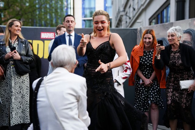 English actress Florence Pugh poses for photographers upon arrival at a screening of the film “Thunderbolts” on Tuesday, April 22, 2025, in London. (Photo by Scott A. Garfitt/Invision/AP Photo)