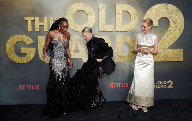 Cast members Kiki Layne, Charlize Theron and Uma Thurman attend a premiere for the film “The Old Guard 2” in Los Angeles on June 26, 2025. (Photo by Mario Anzuoni/Reuters)