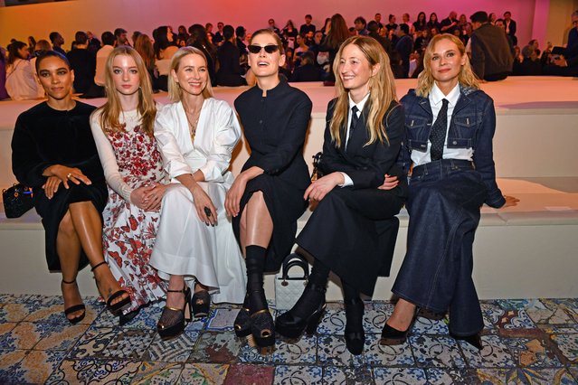 (L-R) US actress Alexandra Shipp, British actress Naomi Watts with her daughter Kai, English actress Rosamund Pike, Italian actress Alba Rohrwacher, and German actress Diane Kruger attend the Dior pre-fall fashion show at the Brooklyn Museum in Brooklyn, New York on April 15, 2024. (Photo by Andrea Renault/AFP Photo)