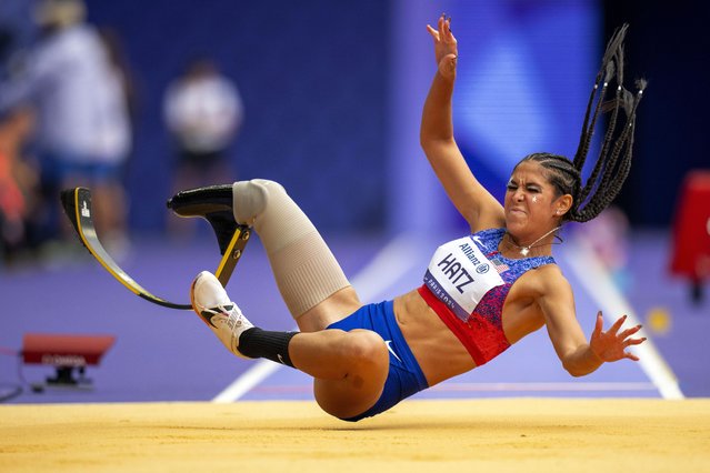 Beatriz Hatz, of the U.S., competes at Women's Long Jump -T64 final at the Stade de France stadium, during the 2024 Paralympics, Saturday, August 31, 2024, in Paris, France. (Photo by Emilio Morenatti/AP Photo)