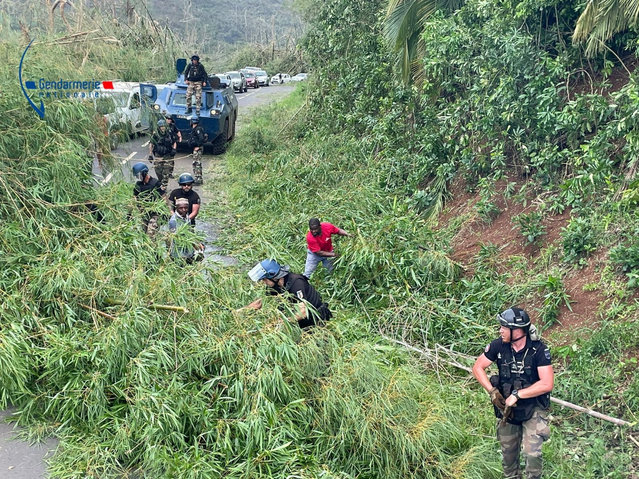This handout photograph taken on December 15, 2024 and released by the Gendarmerie Nationale on December 16, 2024 shows French gendarmes next to an armored vehicle Berliet VXB-170 (or VBRG) as they clear vegetation and debris blocking a road during a rescue an emergency operation at an undisclosed location on the French Indian Ocean territory of Mayotte, after the cyclone Chido hit the archipelago. Rescuers raced against time on December 16, 2024 to reach survivors after a devastating cyclone ripped through the French Indian Ocean territory of Mayotte, destroying homes across the islands, with hundreds feared dead. (Photo by Gendarmerie Nationale/Reuters)