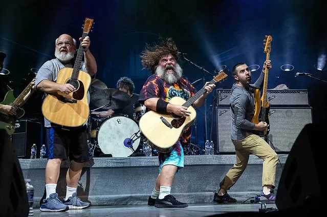 (L-R) Kyle Gass, Jack Black and bassist John Spiker of comedy rock duo Tenacious D perform at PNC Music Pavilion on September 06, 2023 in Charlotte, North Carolina. (Photo by Jeff Hahne/Getty Images)