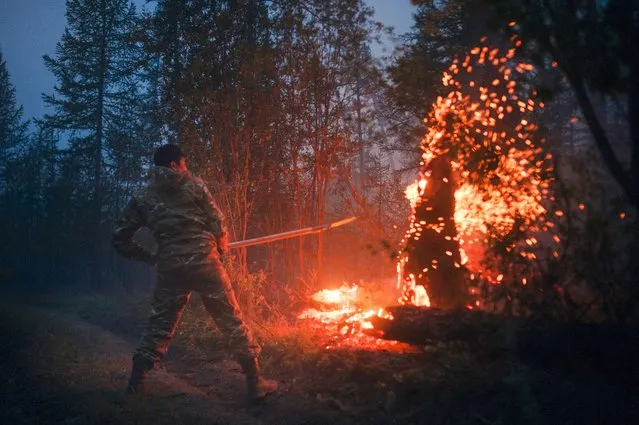 A member of volunteers crew mops up spot fires at Gorny Ulus area west of Yakutsk, Russia, Thursday, July 22, 2021. The hardest hit area is the Sakha Republic, also known as Yakutia, in the far northeast of Russia, about 5,000 kilometers (3,200 miles) from Moscow.  About 85% of all of Russia's fires are in the republic, and heavy smoke forced a temporary closure of the airport in the regional capital of Yakutsk, a city of about 280,000 people. (Photo by Ivan Nikiforov/AP Photo)
