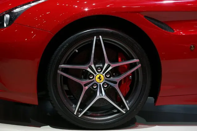 The wheel of a Ferrari California T is pictured at the 86th International Motor Show in Geneva, Switzerland, March 1, 2016. (Photo by Denis Balibouse/Reuters)
