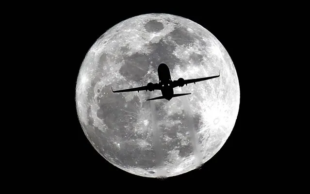 An airplane passes the full moon, known in the Farmers' Almanac as the “Wolf Moon”, on its final approach to Los Angeles International Airport over Whittier, Calif. on Wednesday, January 15, 2014. (Photo by Nick Ut/AP Photo)
