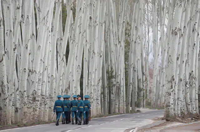 Kyrgyz guards of honour walk away after a welcoming ceremony attended by Presidents Vladimir Putin of Russia and Sooronbay Jeenbekov of Kyrgyzstan in Bishkek, Kyrgyzstan on March 28, 2019. (Photo by Maxim Shemetov/Reuters)