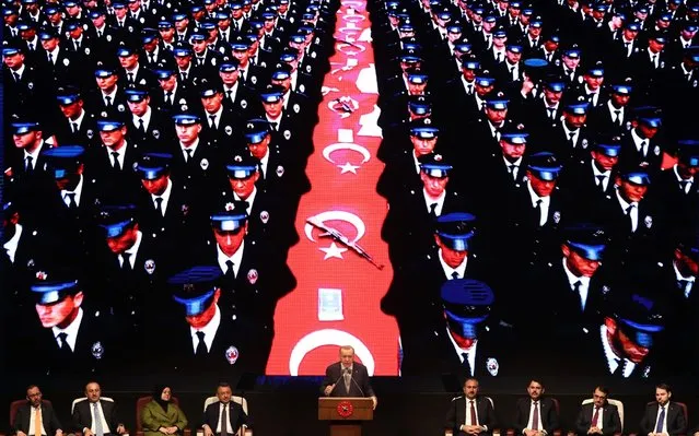 Turkish President Recep Tayyip Erdogan (C) makes a speech during the Annual Evaluation Meeting for 2019 at the Bestepe National Congress and Culture Center in Ankara on January 16, 2020. (Photo by Adem Altan/AFP Photo)